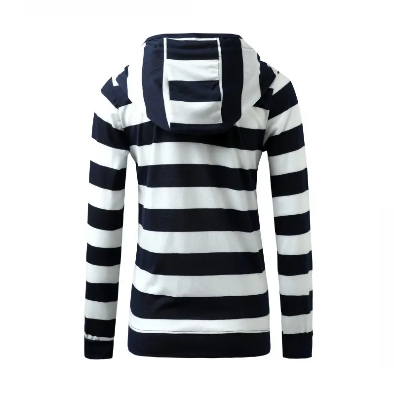 Long Sleeve Zipper Hooded Sweatshirt Striped Navy White