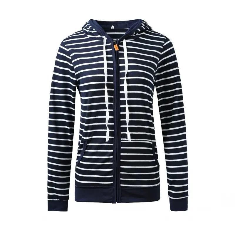 Long Sleeve Zipper Hooded Sweatshirt Striped Navy White