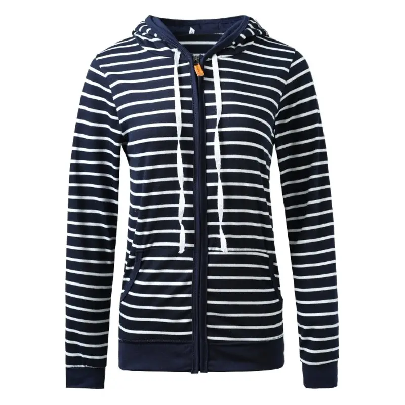 Long Sleeve Zipper Hooded Sweatshirt Striped Navy White