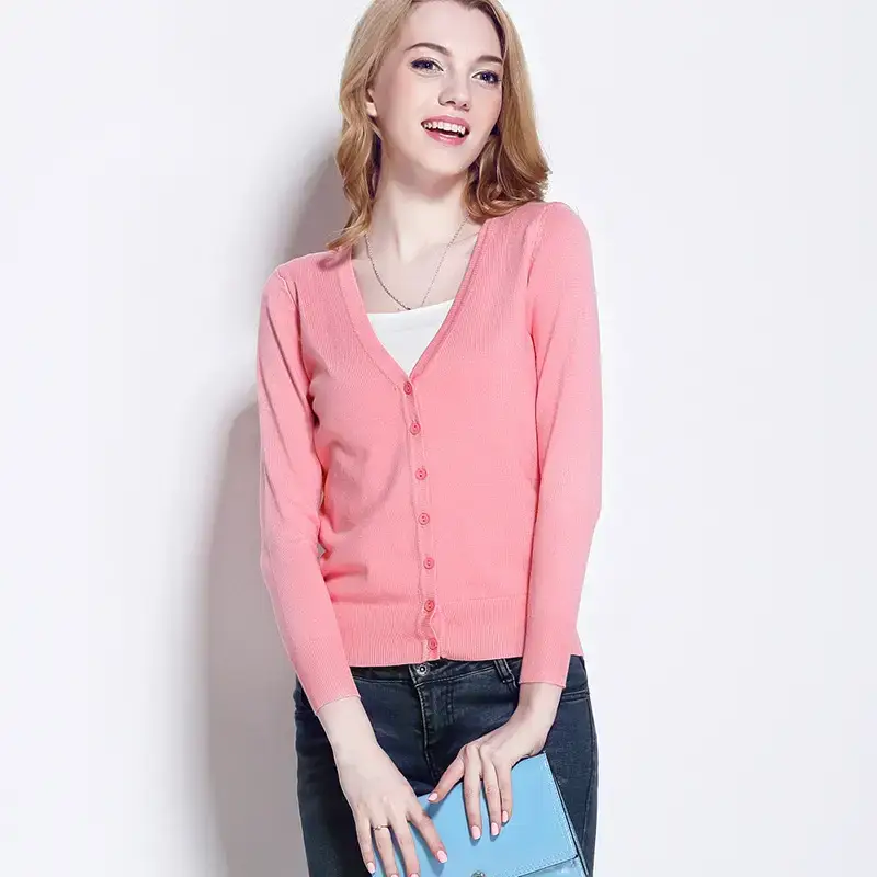 Pink V-Neck Knit Cardigan Women Long Sleeve - Image 18