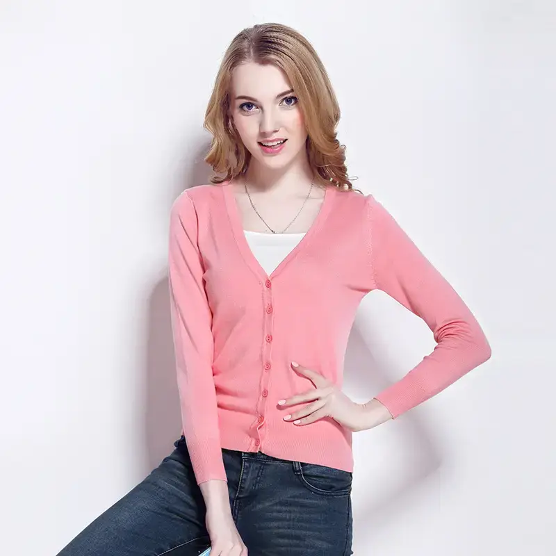 Pink V-Neck Knit Cardigan Women Long Sleeve - Image 20
