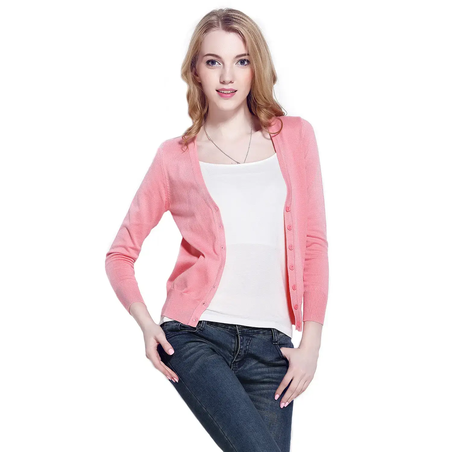 Pink V-Neck Knit Cardigan Women Long Sleeve - Image 21