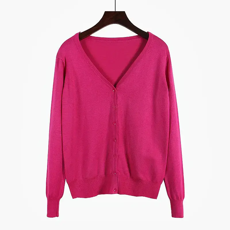 Pink V-Neck Knit Cardigan Women Long Sleeve - Image 12
