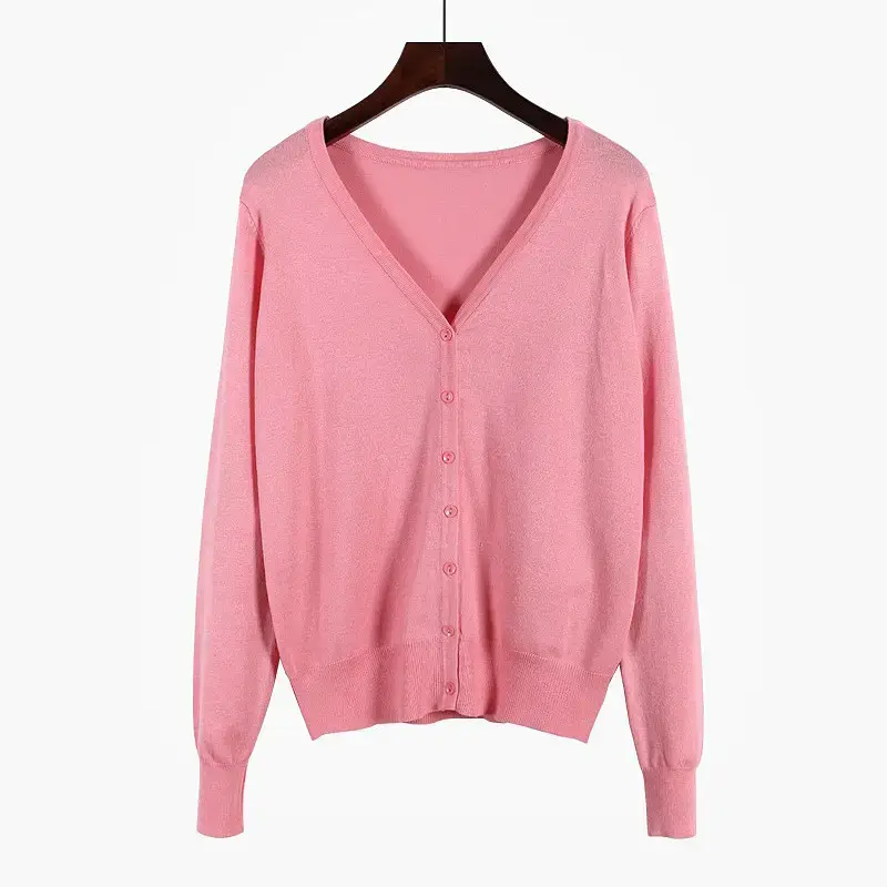 Pink V-Neck Knit Cardigan Women Long Sleeve - Image 2