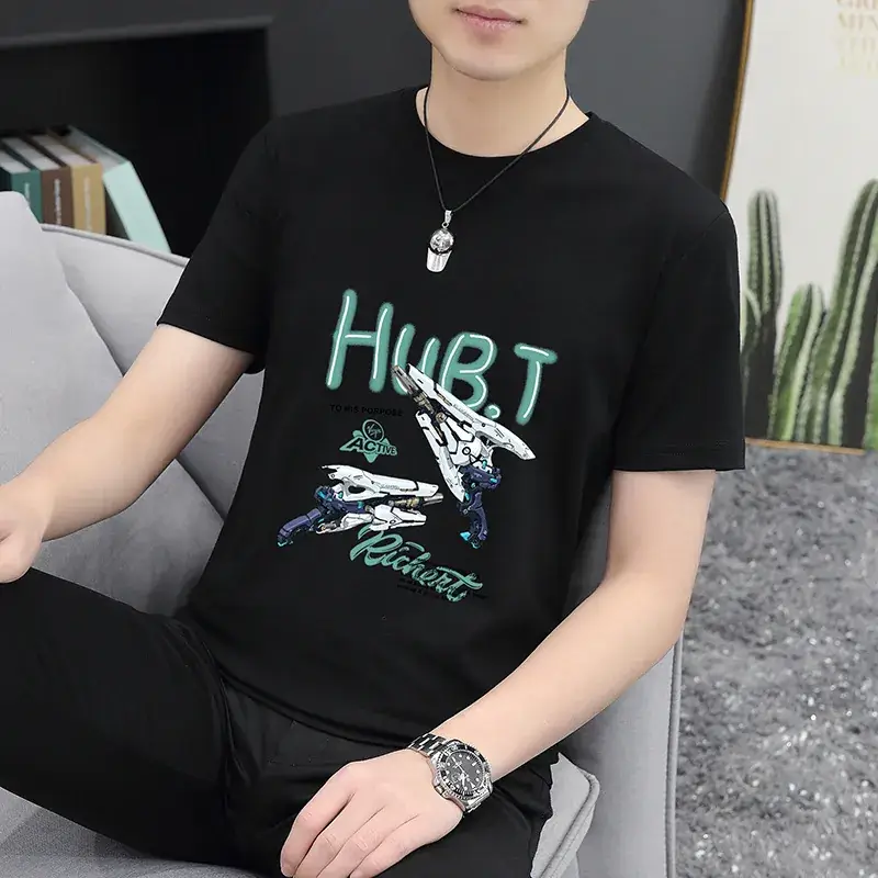Men Grey Printed T-Shirt Short Sleeve Slim Fit 2024 - Image 7