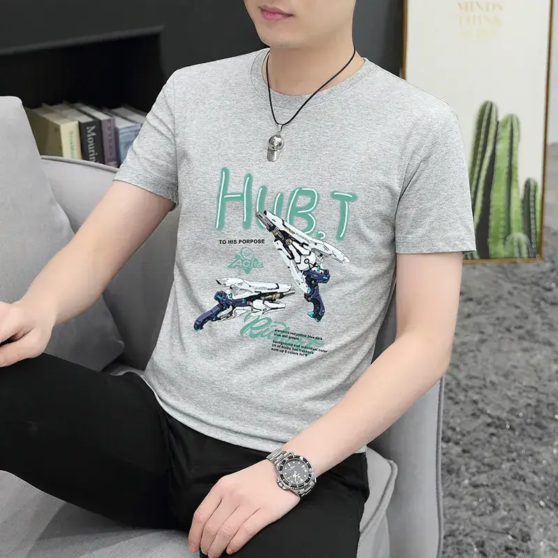 Men Grey Printed T-Shirt Short Sleeve Slim Fit 2024 - Image 3