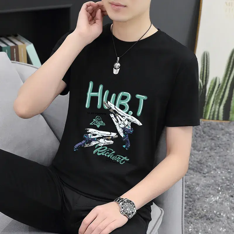 Men Grey Printed T-Shirt Short Sleeve Slim Fit 2024 - Image 2