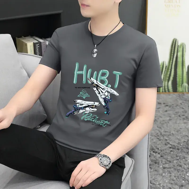 Men Grey Printed T-Shirt Short Sleeve Slim Fit 2024 - Image 4