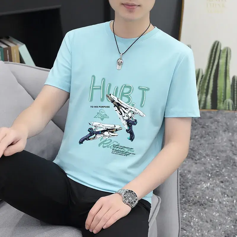 Men Grey Printed T-Shirt Short Sleeve Slim Fit 2024 - Image 5
