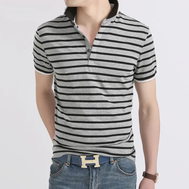 Men Striped Short Sleeve Polo T-Shirt Black White - Image 4
