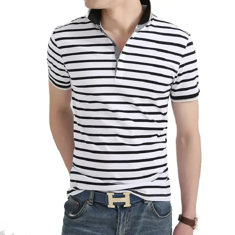 Men Striped Short Sleeve Polo T-Shirt Black White - Image 7
