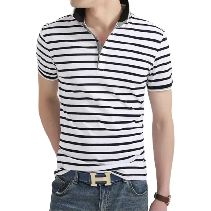 Men Striped Short Sleeve Polo T-Shirt Black White