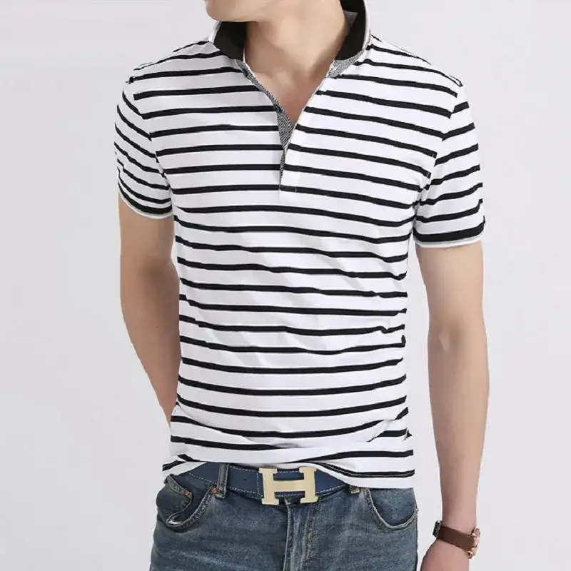 Men Striped Short Sleeve Polo T-Shirt Black White - Image 2
