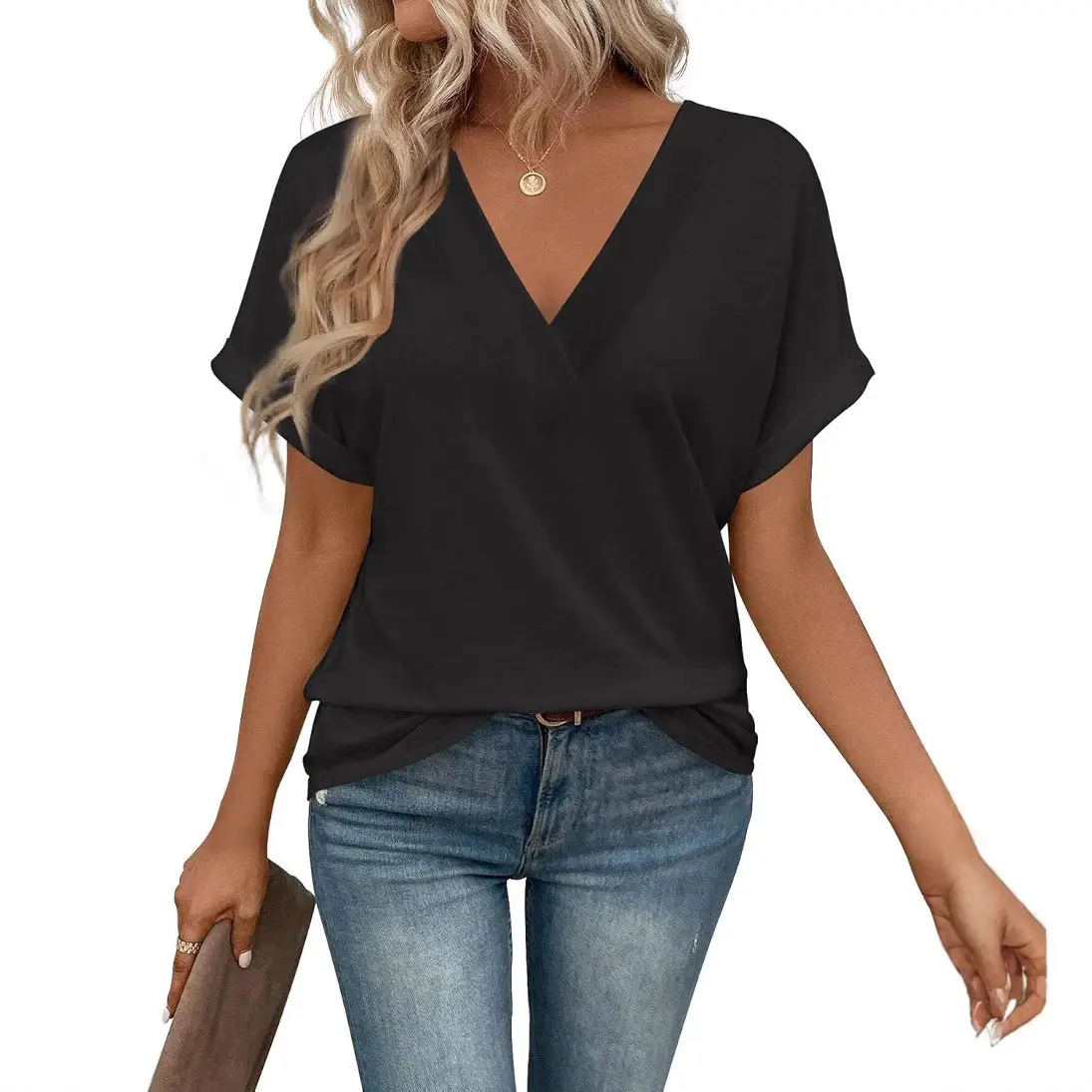 2025 Women V-Neck Solid Color T-Shirt Plus Size
