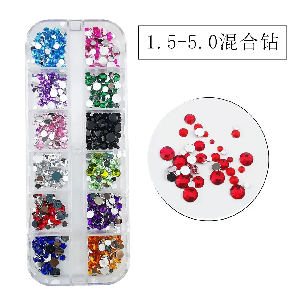 12 Color Mixed Diamond Nail Drill Set 2.0 Round Silver
