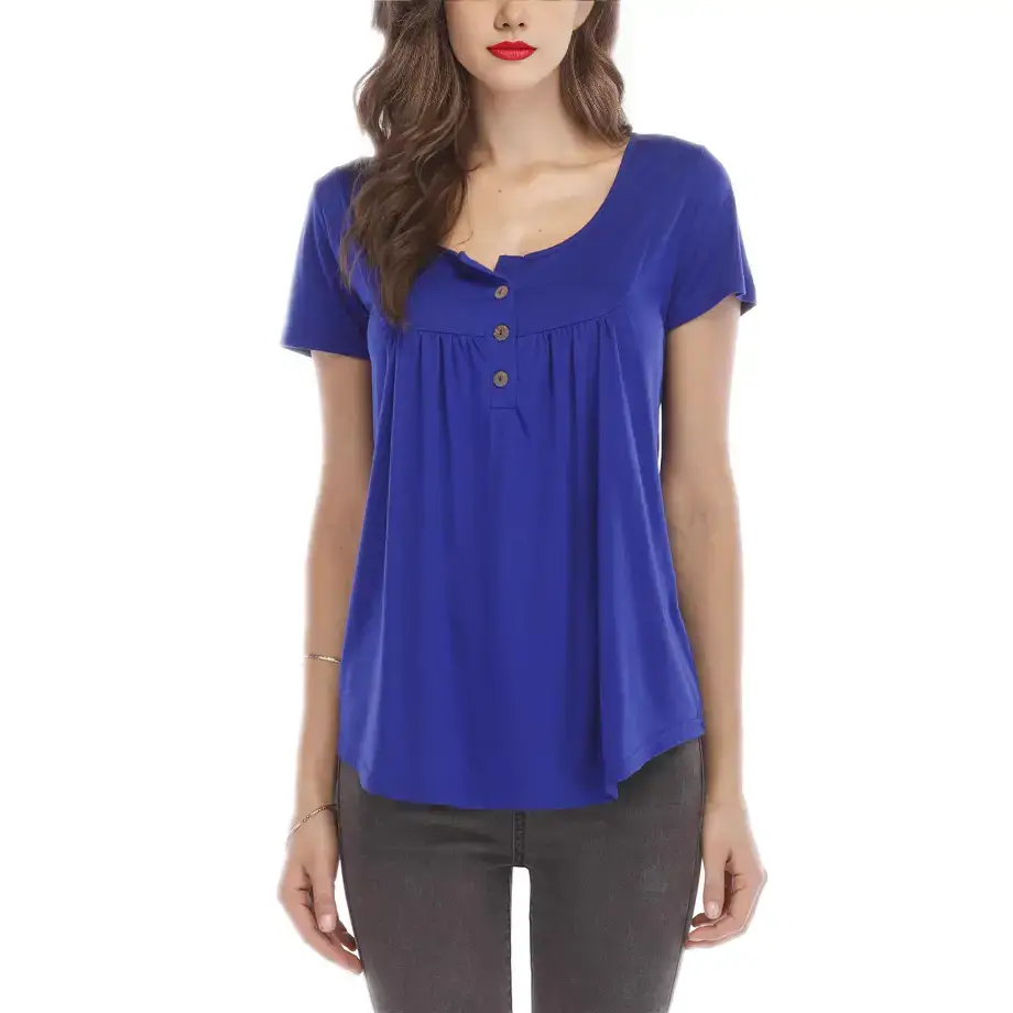 Women Pleated Button T-Shirt Grey Short Sleeve - Image 12