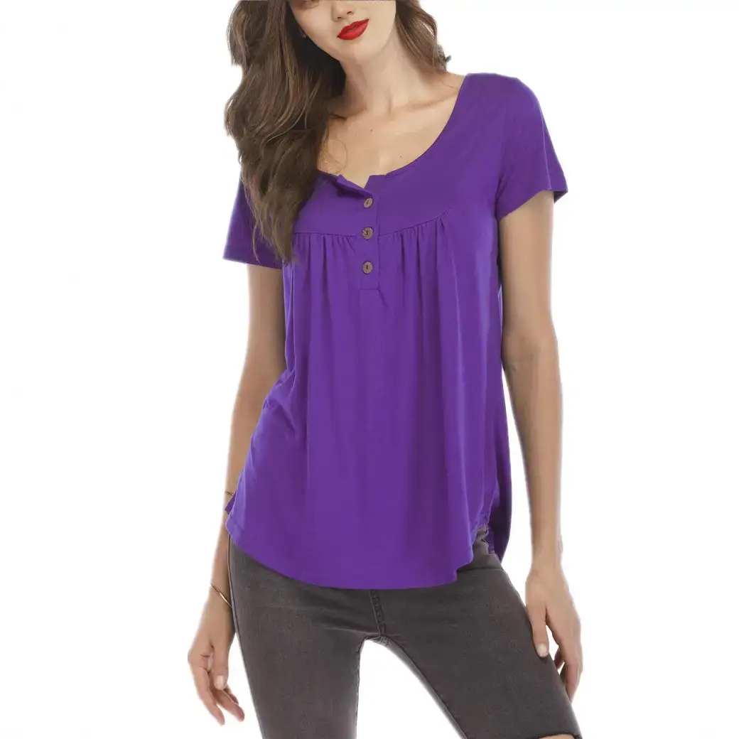 Women Pleated Button T-Shirt Grey Short Sleeve - Image 13