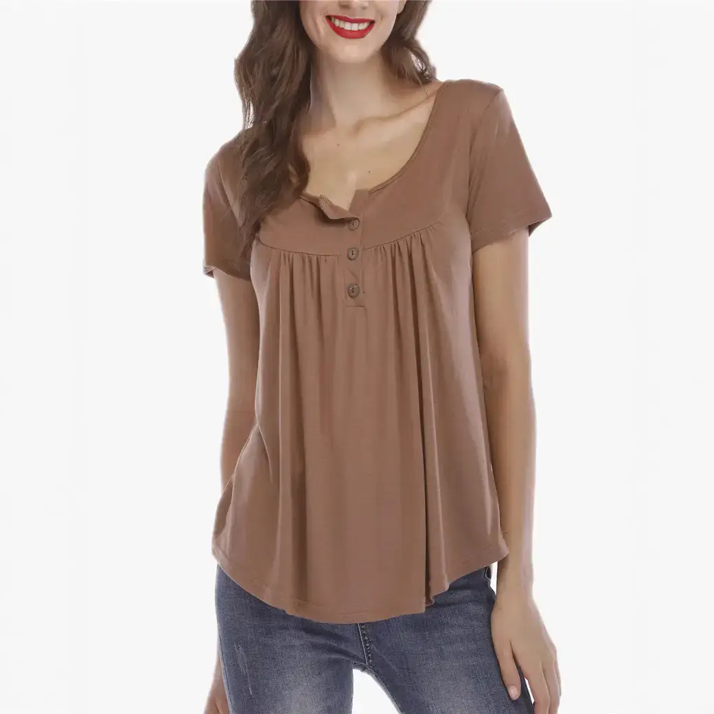 Women Pleated Button T-Shirt Grey Short Sleeve - Image 14