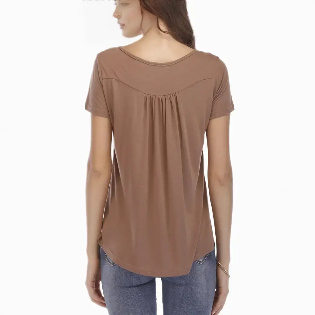 Women Pleated Button T-Shirt Grey Short Sleeve - Image 15