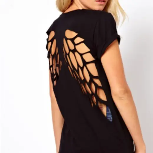 Women's Black Back Burning Hollow Angel Wings T-Shirt - Image 2
