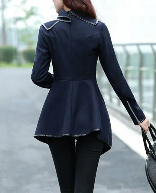 Women Woolen Long Sleeve Coat Navy Blue Large