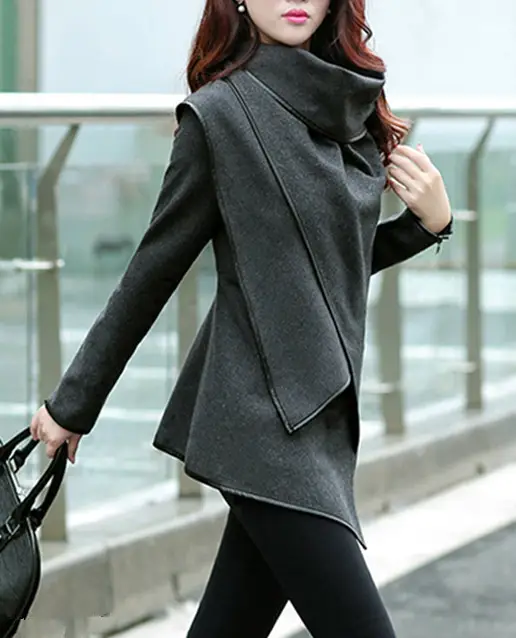 Women Woolen Long Sleeve Coat Navy Blue Large