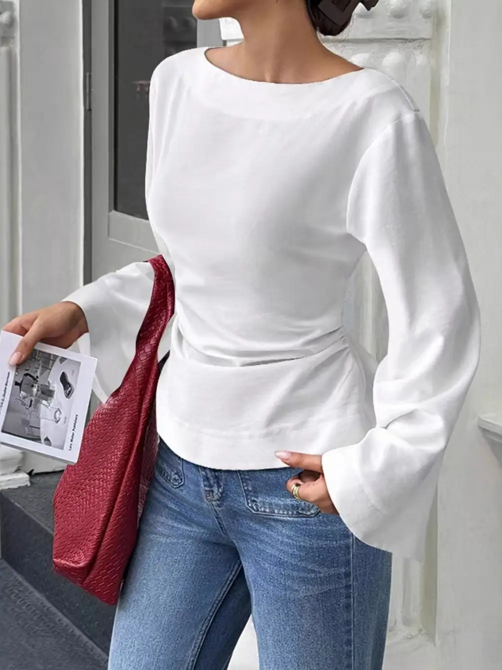 2025 Brown Flared Sleeve Boat Neck Top