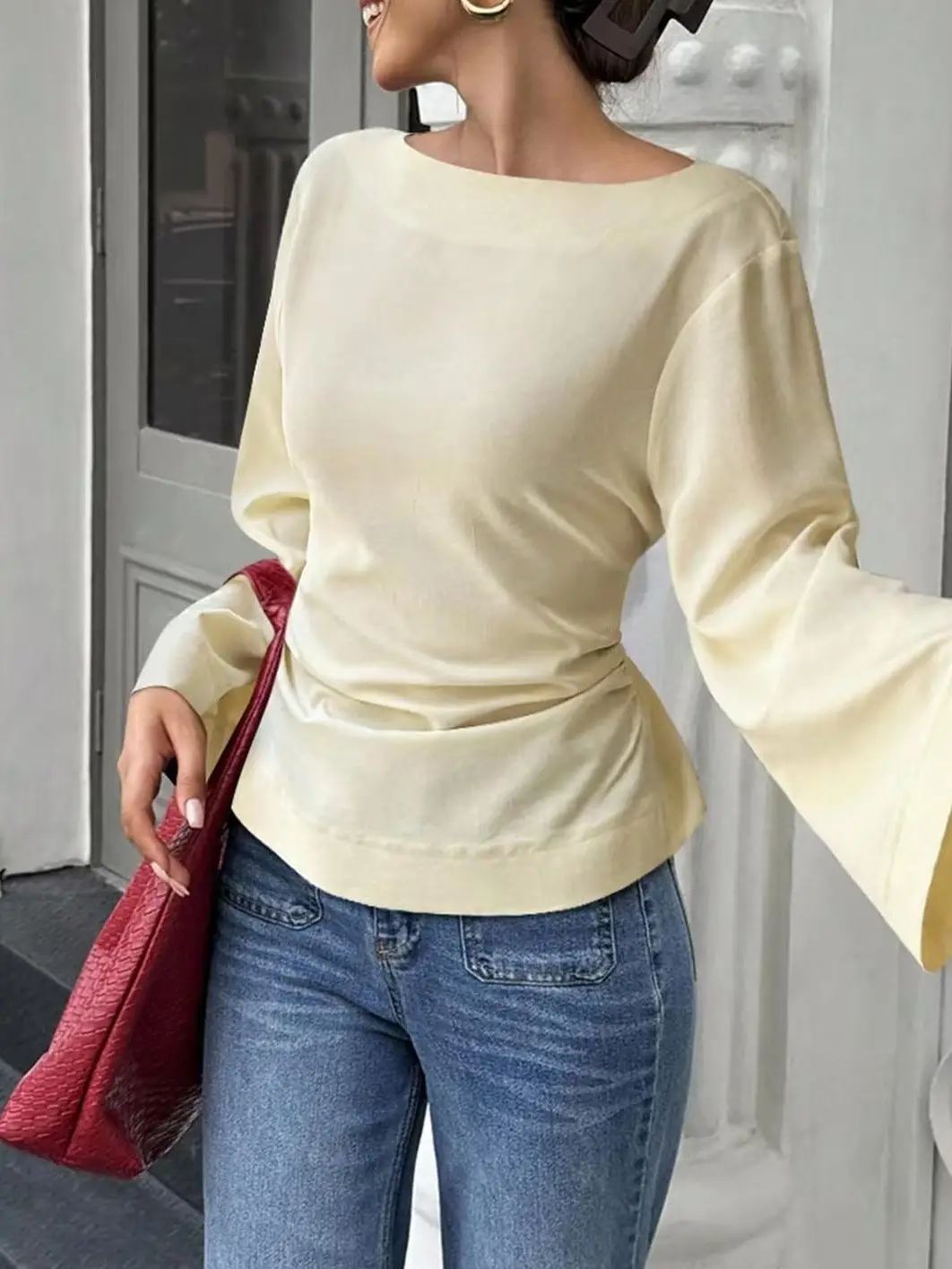 2025 Brown Flared Sleeve Boat Neck Top