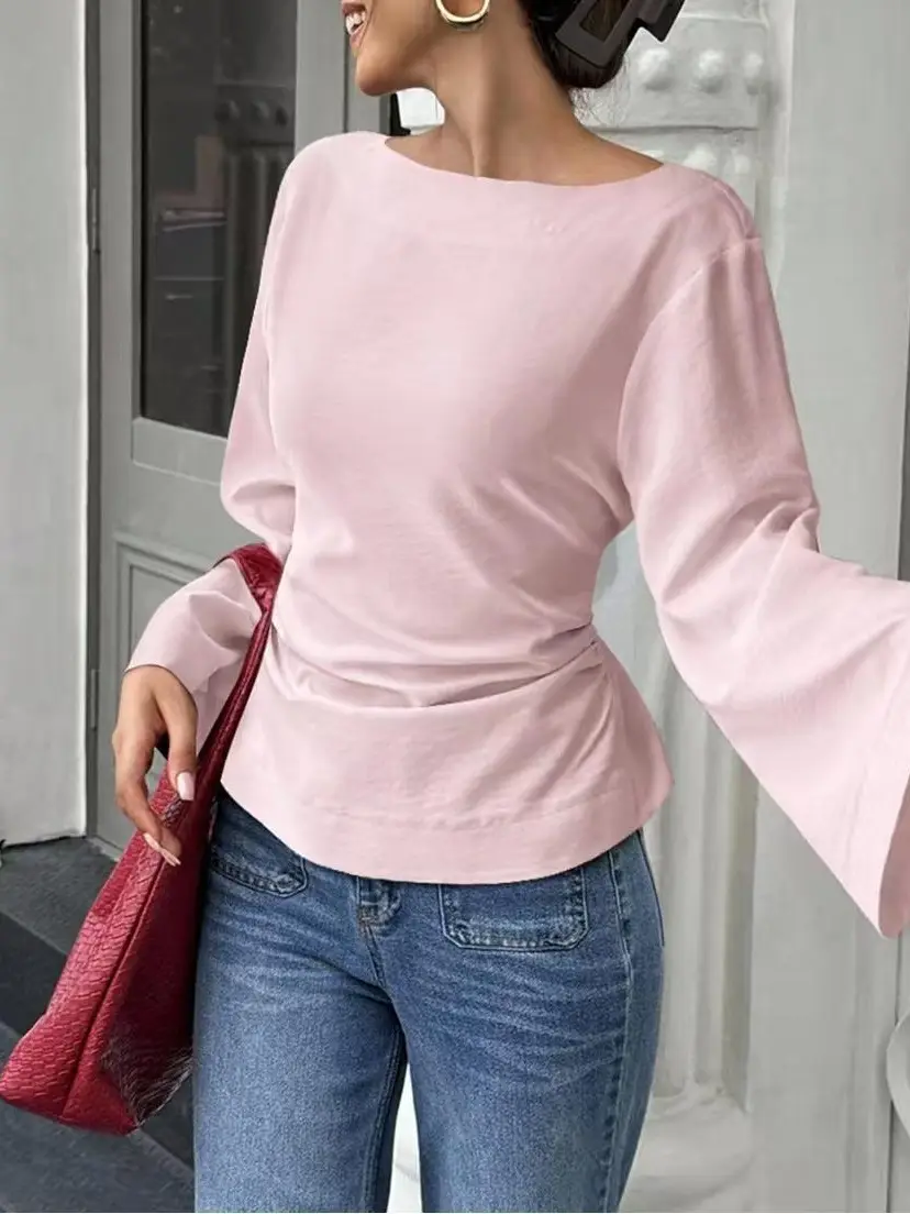 2025 Brown Flared Sleeve Boat Neck Top