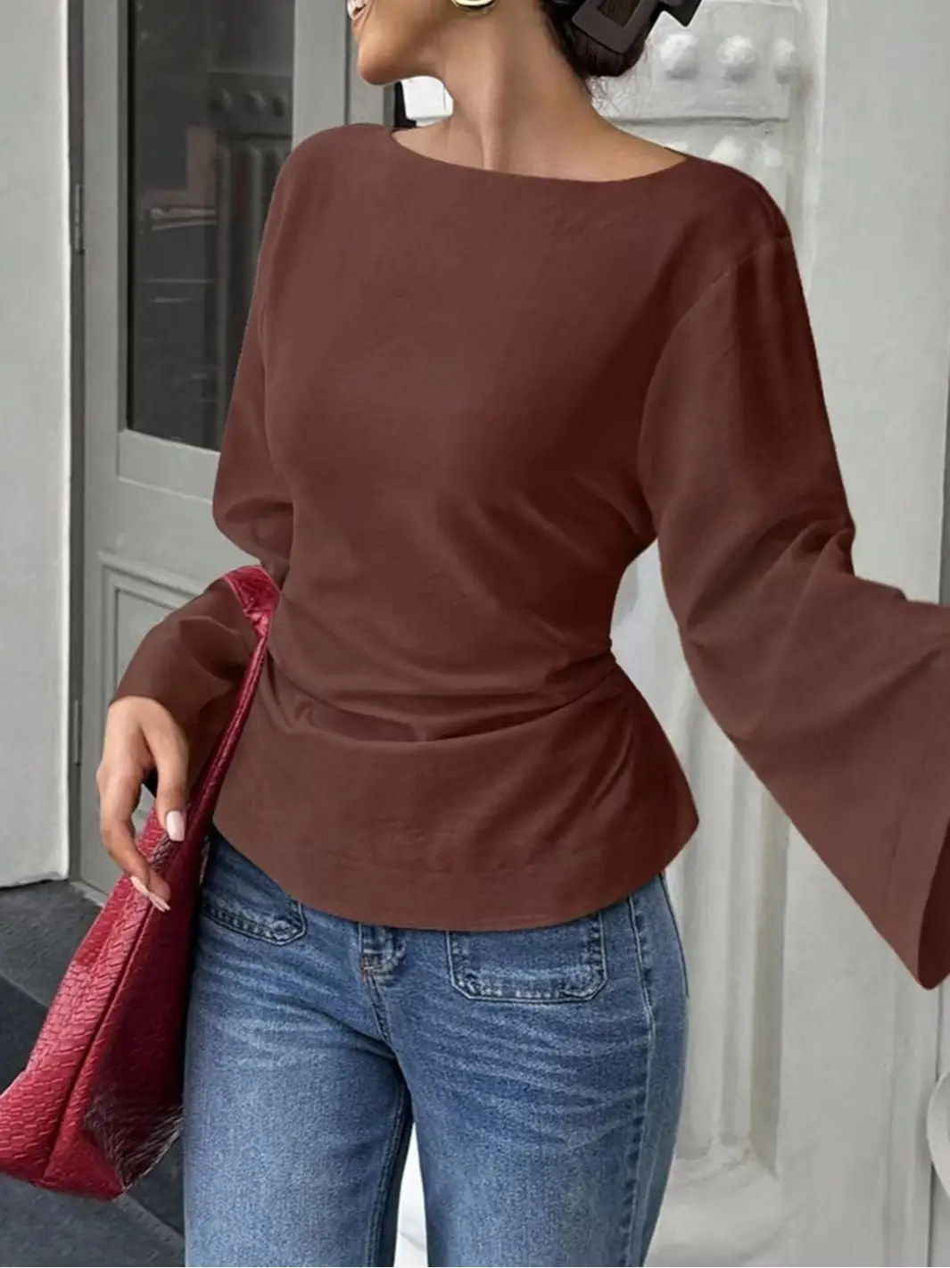 2025 Brown Flared Sleeve Boat Neck Top