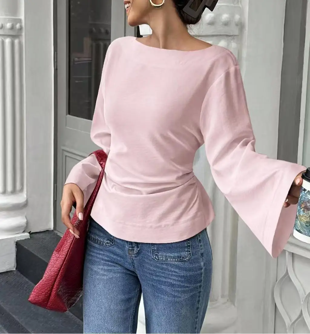 2025 Brown Flared Sleeve Boat Neck Top