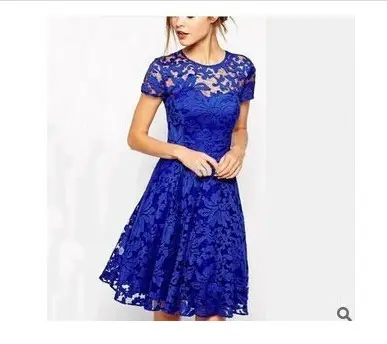Blue Lace Short Sleeve Evening Dress for Women - Image 2
