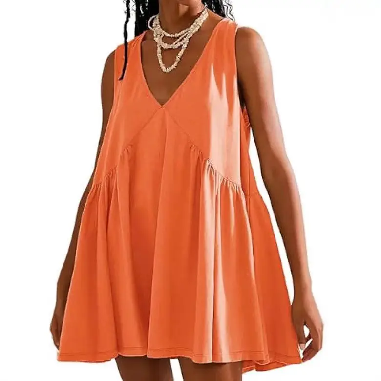 Orange V-Neck Sleeveless Pleated Vest Dress for Women