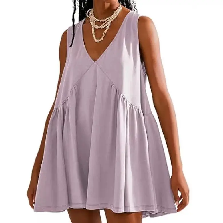Orange V-Neck Sleeveless Pleated Vest Dress for Women