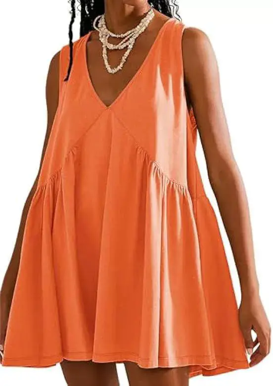 Orange V-Neck Sleeveless Pleated Vest Dress for Women
