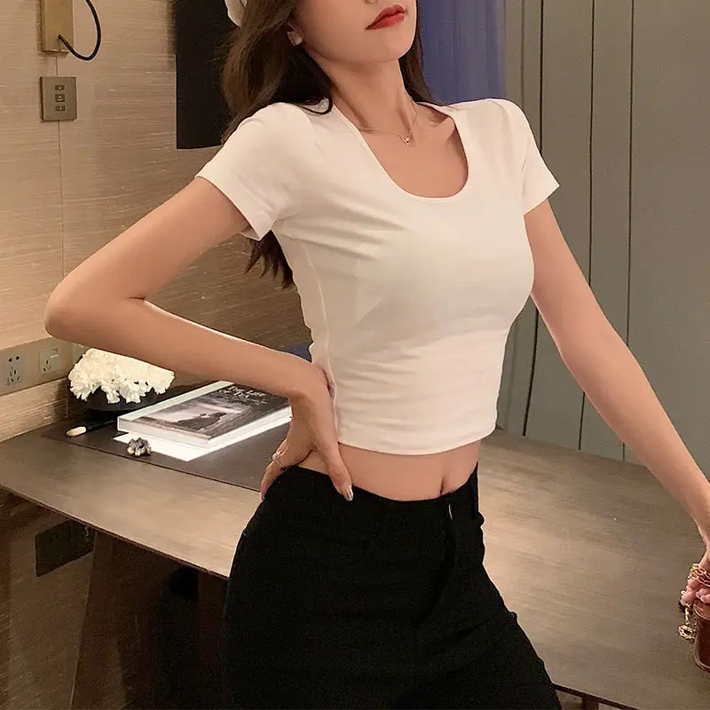 Women White Navel-Baring T-Shirt Short Sleeve - Image 13