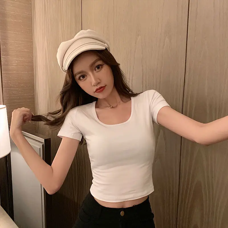 Women White Navel-Baring T-Shirt Short Sleeve - Image 14