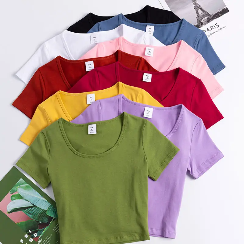 Women White Navel-Baring T-Shirt Short Sleeve - Image 16