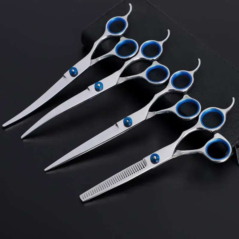 Pet Scissors Set 8 Pcs Curved Flat Cutter Blue