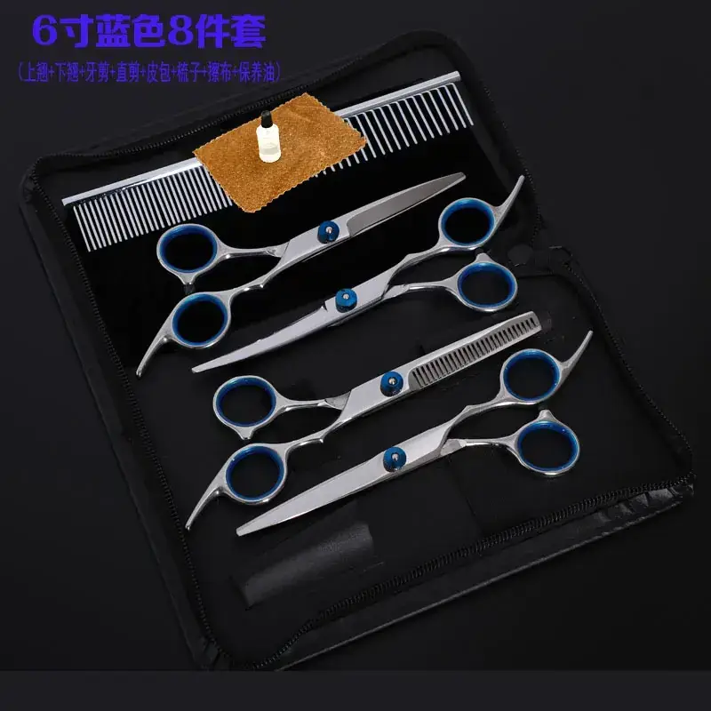 Pet Scissors Set 8 Pcs Curved Flat Cutter Blue