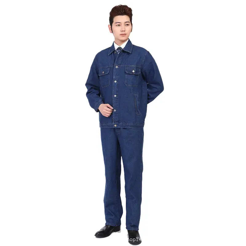 Men Dark Blue Denim Work Suit Long Sleeve Factory Uniform