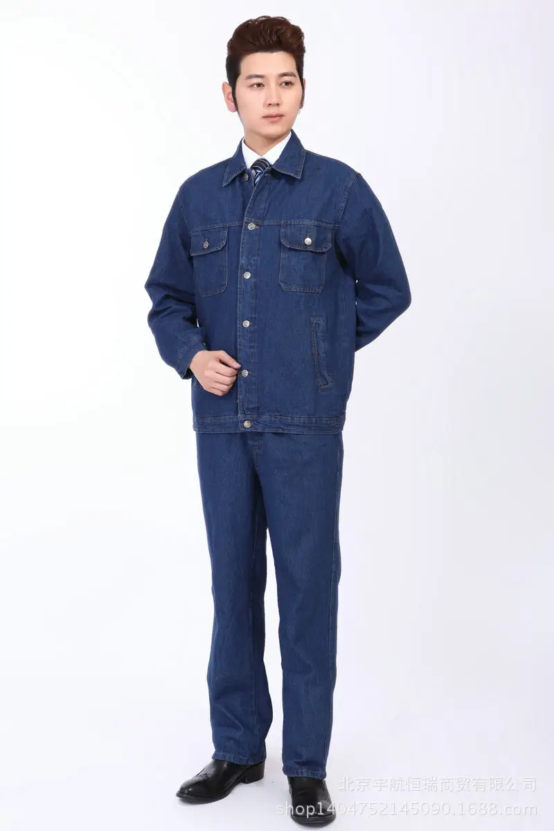 Men Dark Blue Denim Work Suit Long Sleeve Factory Uniform — feature 15
