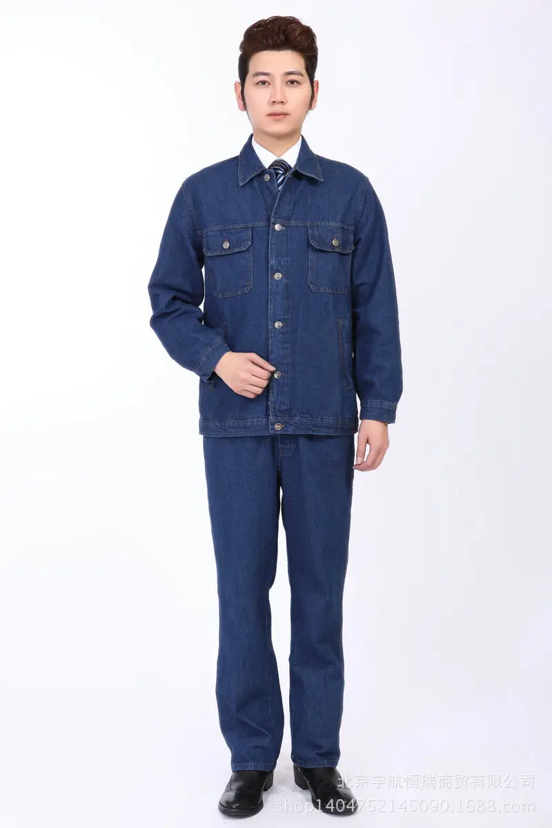 Men Dark Blue Denim Work Suit Long Sleeve Factory Uniform — feature 2