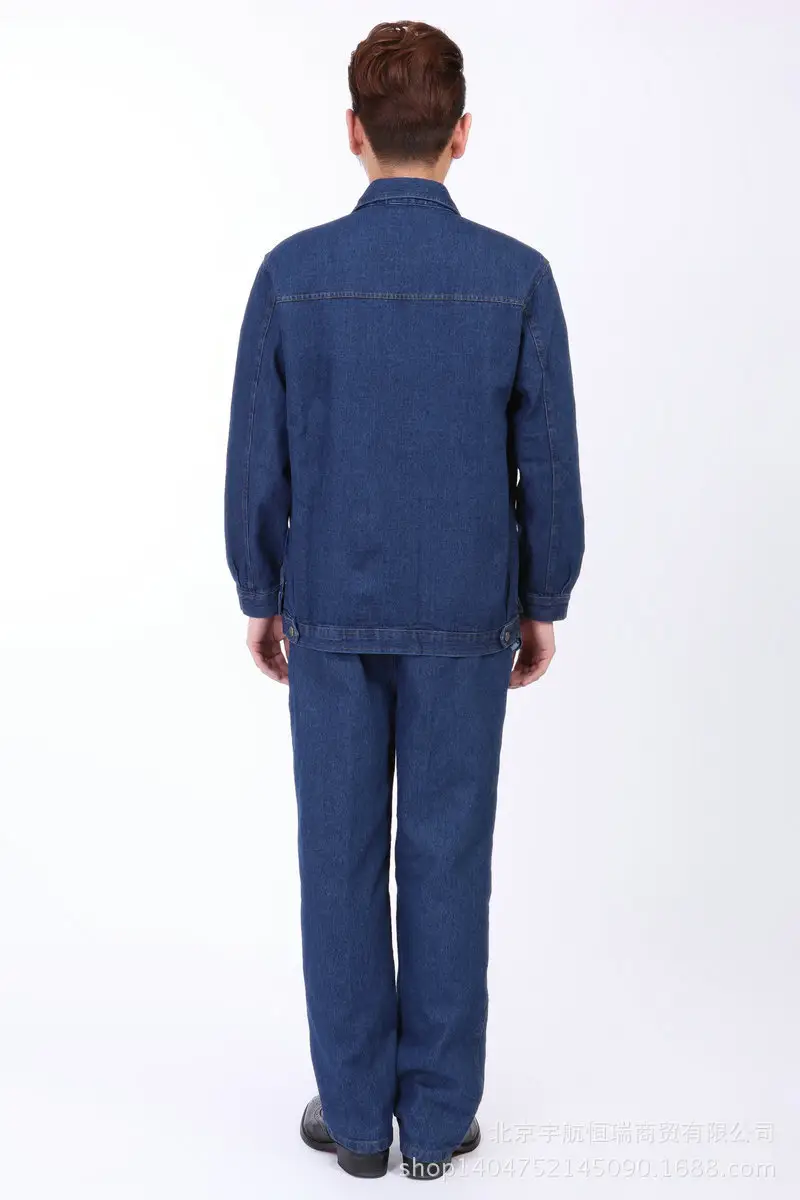 Men Dark Blue Denim Work Suit Long Sleeve Factory Uniform — feature 3