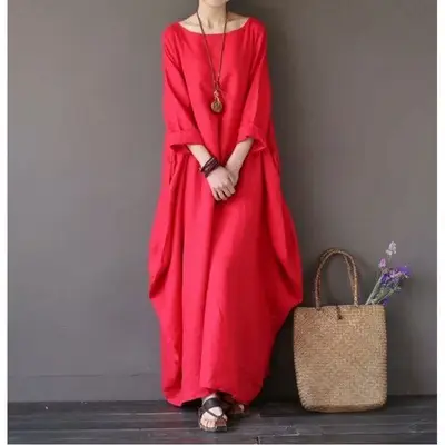 2026 Spring Summer Loose Cotton Linen Long Dress Plus Size - Image 2