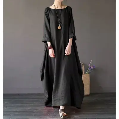 2026 Spring Summer Loose Cotton Linen Long Dress Plus Size - Image 3