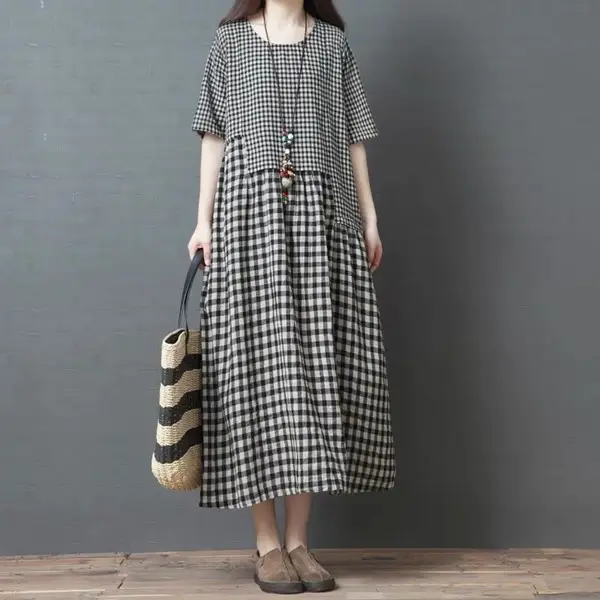 Women's Black White Checkered Long Dress Large - Image 2