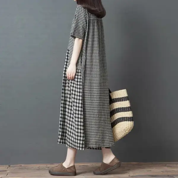 Women's Black White Checkered Long Dress Large - Image 3