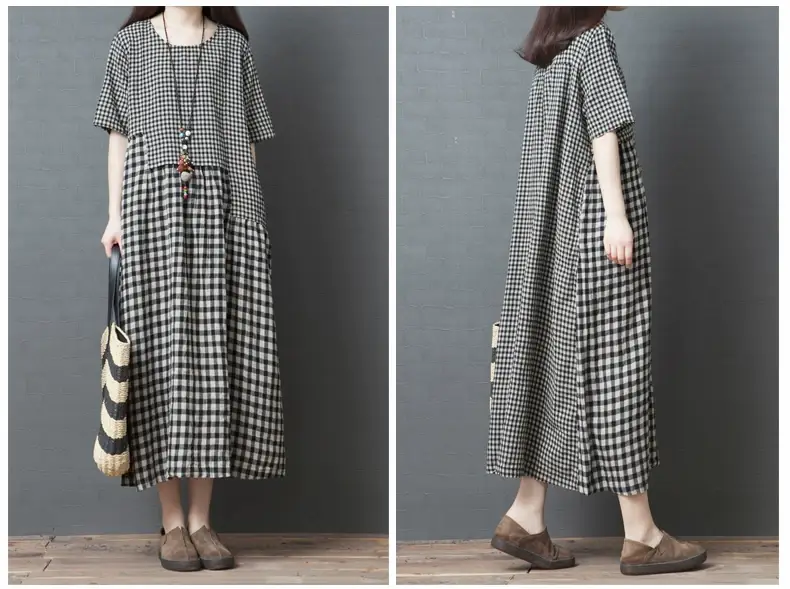 Women's Black White Checkered Long Dress Large — feature 6