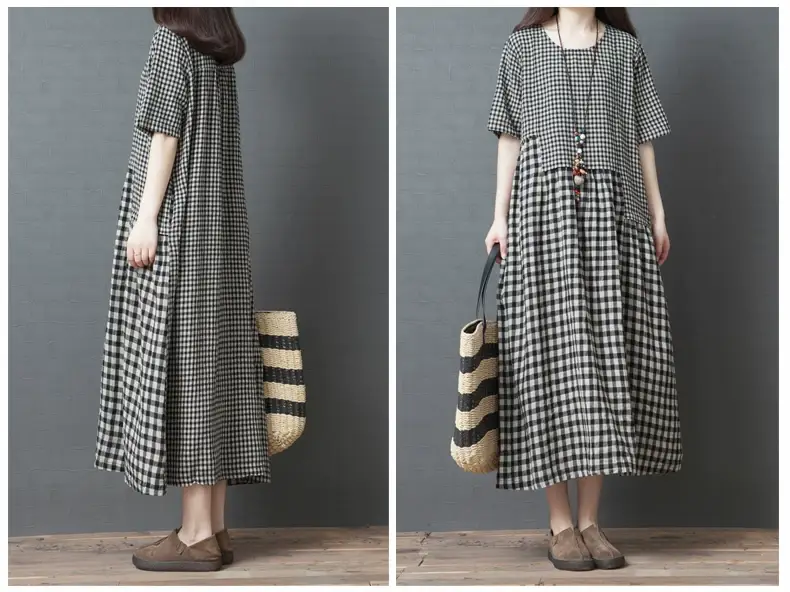 Women's Black White Checkered Long Dress Large — feature 8